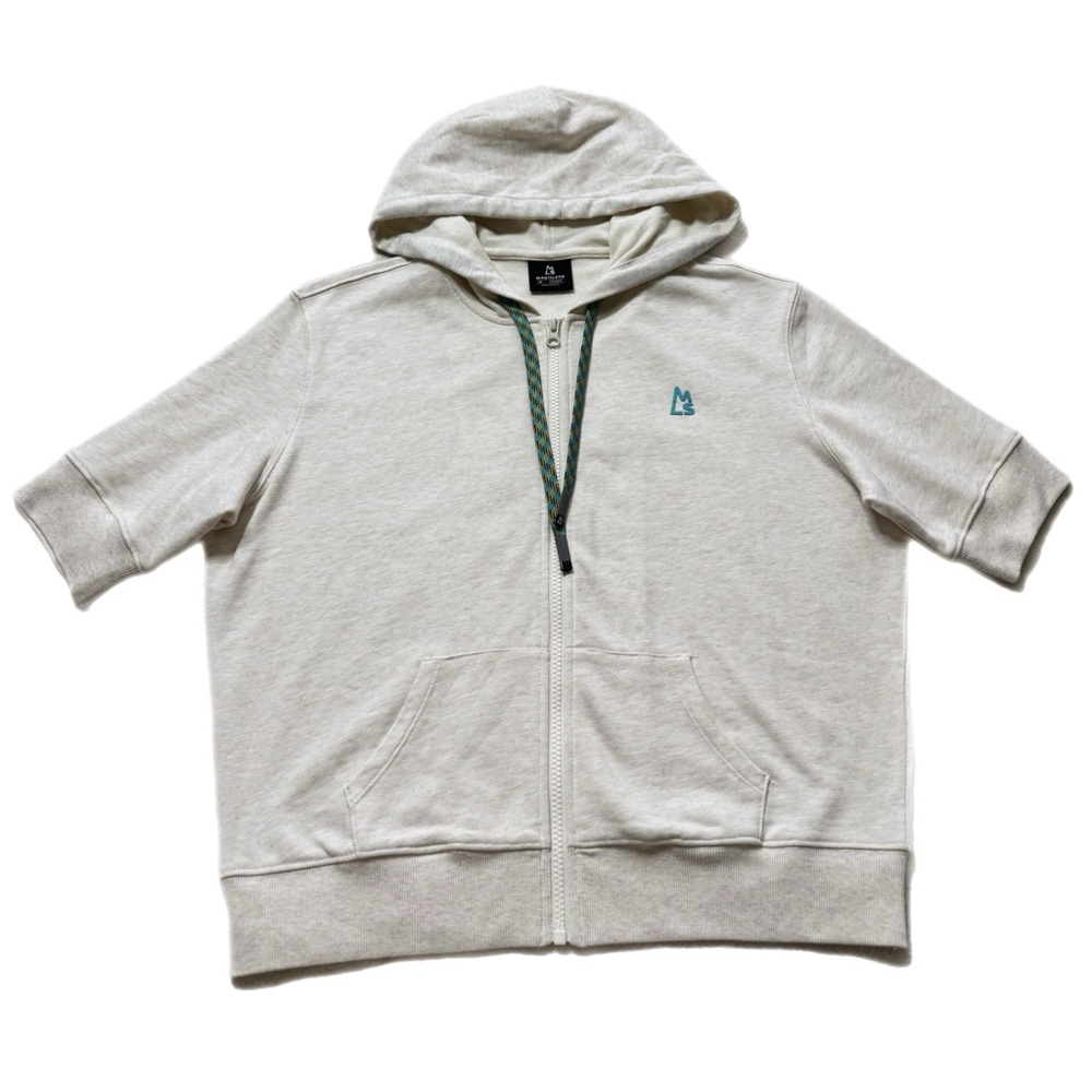 Magnlens Oatmeal Cream Short Sleeve Zip Up Hoodie M
